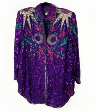 VTG Eves Allure Silk Unique Sequin Beaded Purple Statement Party Piece Sz XL