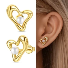 KUNSIR 925 Sterling Silver Gold Pearl Heart Stud Earrings For Women Jewelry Gift