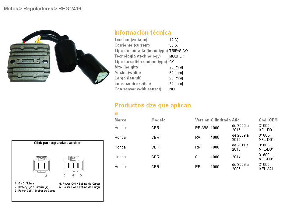 Régulateur tension moto Honda CBR1000 RR 06-15 DZE MOSFET 50A rechange 31600-MFL-D01