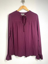 Michael Stars Ruffle Long Sleeve Maroon Babydoll Top Women's Size M Keyhole Tie