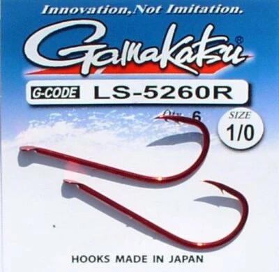 Gamakatsu Wurmhaken LS-5260R, rot Größe 1/0, 2, 4, 6, 8, Aalhaken, Tauwurm, Aal