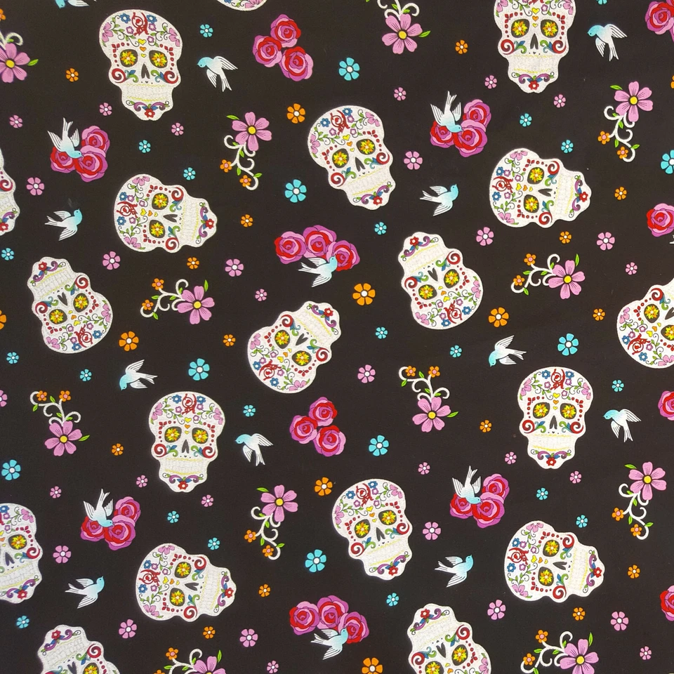 DAY OF DEAD GLITTER SUGAR SKULL BLACK COTTON FABRIC By Yard SPARROW ROSES GOTH - Image 2 of 4