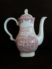 Kaffeekanne Keramik England Staffordshire  Motiv Landleben rot creme sammler