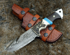 CUCHILLO HOJA GANCHO TRIPA CAZA ACERO DAMASCO FORJADO HECHO A MANO PERSONALIZADO 10" + FUNDA