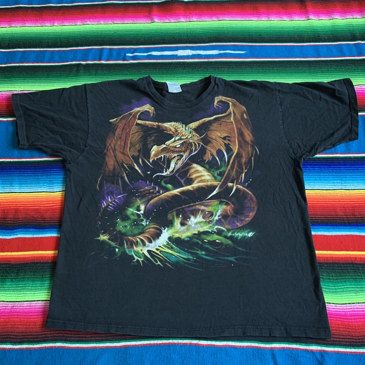 Vintage 90s Liquid Blue Dragon T Shirt Double Sided Size XL Black 