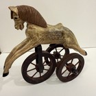 Vintage Wooden Horse w/Three Wheels Toy Figurine Folk Art Primitive Hand Painted — photo 4
