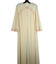VTG VANITY FAIR Ivory Nylon LACE TRIM Pink Ribbon 3-BUTTON Belt LOUNG Robe 36