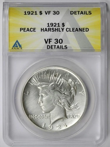 1921 Peace Dollar $1 VF 30 Details Harshly Cleaned ANACS