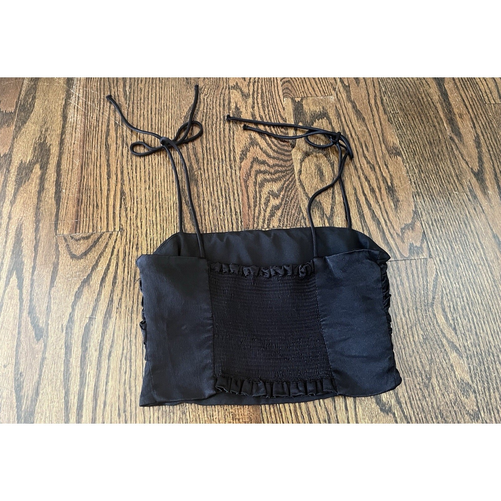 Zara women black satin crop top size S with bow ties on shoulders thumbnail 4