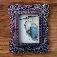 Great Blue Heron mini watercolor print in multi-color vintage style ornate frame
