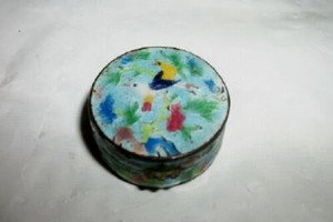 Antique Tiny Cloisonne Pill Box Snuff Aqua Glass Enamel Brass Early 1900s