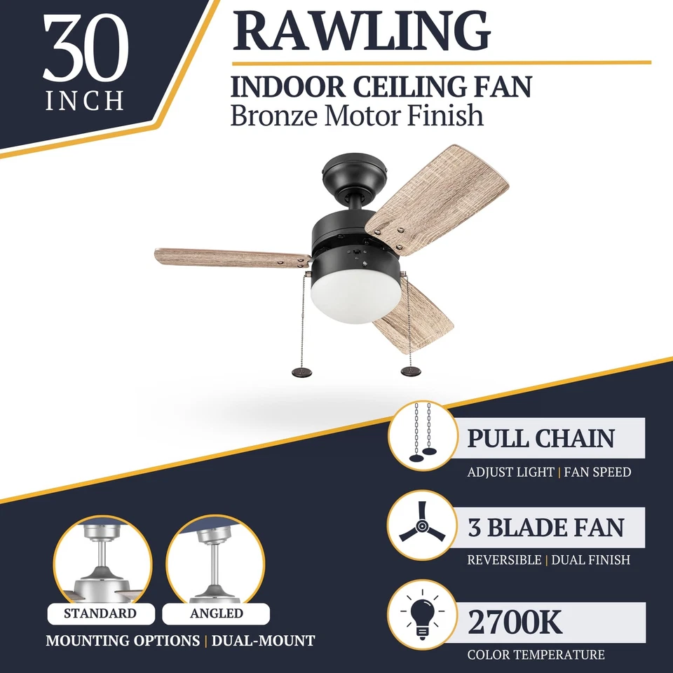 Rawling, 30 Inch Contemporary Indoor LED Ceiling Fan with Light, Pull Chain, ... - Image 3 of 4