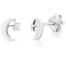 925 Sterling Silver VERY SMALL Studs Earrings - Crescent/Half Moon and Small Sta