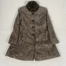 Ivanka Trump Wool Blend Brown Tweed Faux Fur Mid Length Coat XL