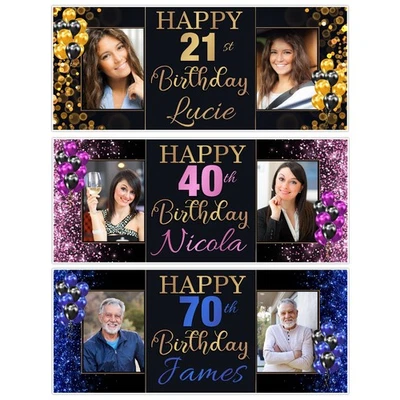 INVITE DESIGNS LTD Personalised Birthday Party Photo Banners Pink Gold Blue - various sizes Any Age