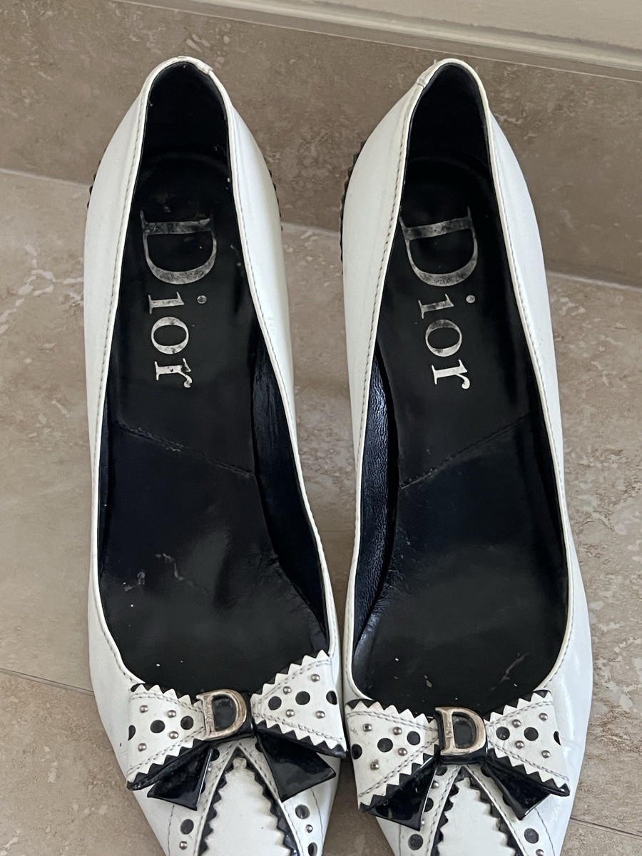 Christian Dior Black & White Bow Leather Pumps 37.5 High Heels 7