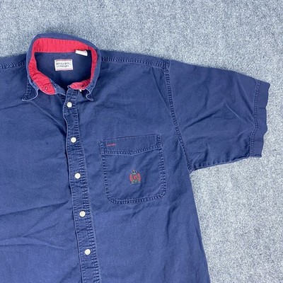 Vintage Bugle Boy Shirt Blue With Red logo Button Up Short Sleeve Camp 90s Men M