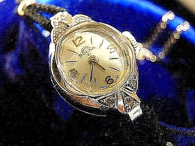 SOLID 14 KT WHITE GOLD SWISS Ladies 21 jewel + diamonds 