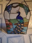 Vintage Tiffany Style Stained Art Glass Peacoc Window Suncatcher Panel . Nice