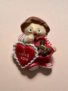 Valentines Lapel Pin, 1980’s Child w/Box Of Chocolates   by Easter Unlimited