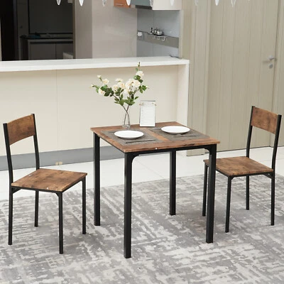 3 Pcs Compact Dining Table 2 Chairs Set Wooden Metal Legs Kitchen Breakfast Bar