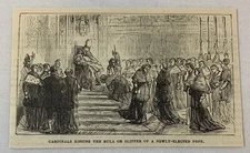 1882 small magazine engraving ~ CARDINALS KISSING THE MULA- Slipper- OF NEW POPE