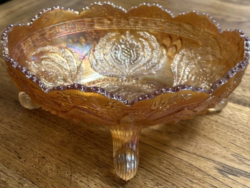 Vintage Carnival Glass Thistle Water Lily & Cat Tails Banana Boat Bowl