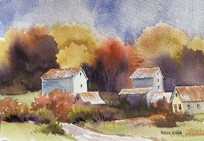 Pamela Wilhelm Original Loose Watercolor 5 x7  Apple Tree Red Barn Road Clouds