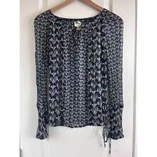 John Robshaw for Lucky Calimesa Boho Sheer Blouse Navy Print Long Sleeve Size S