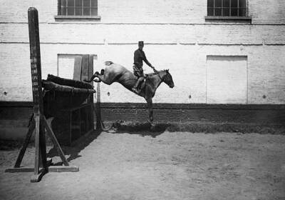 Belgium Flanders Riding School in Ypres rider jumping with his hor- Old Photo 4