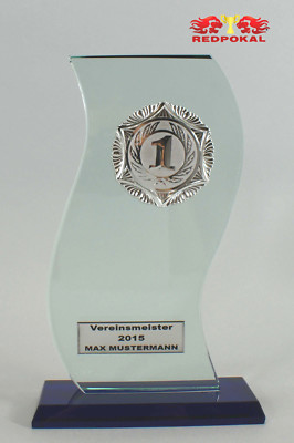 7xGlaspokal, Ehrung Glastrophäe, Jade, Glasständer H 25 cm inkl. Emblem u.Gravur