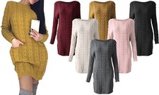 Image of NEW WOMENS CABLE KNIT JUMPER DRESS WITH POCKETS LADIES LONG WARM SWEATER TOP