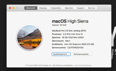 Apple MacBook Pro (13,3 Zoll) 2011 16GB-DDR3 500GB-SSD MacBookPro8,1