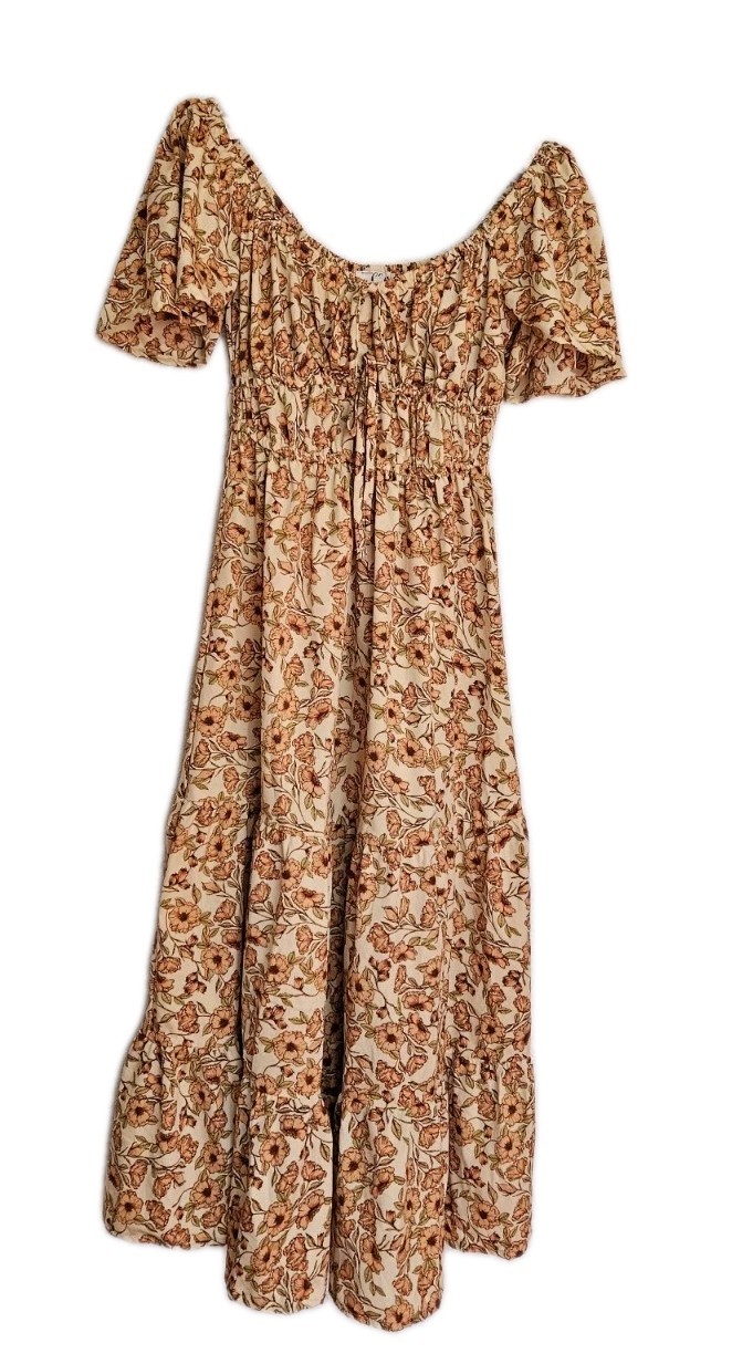 Cottagecore Floral Western Boho Milk Maid Dress Green  Smocked Ruffle Size S