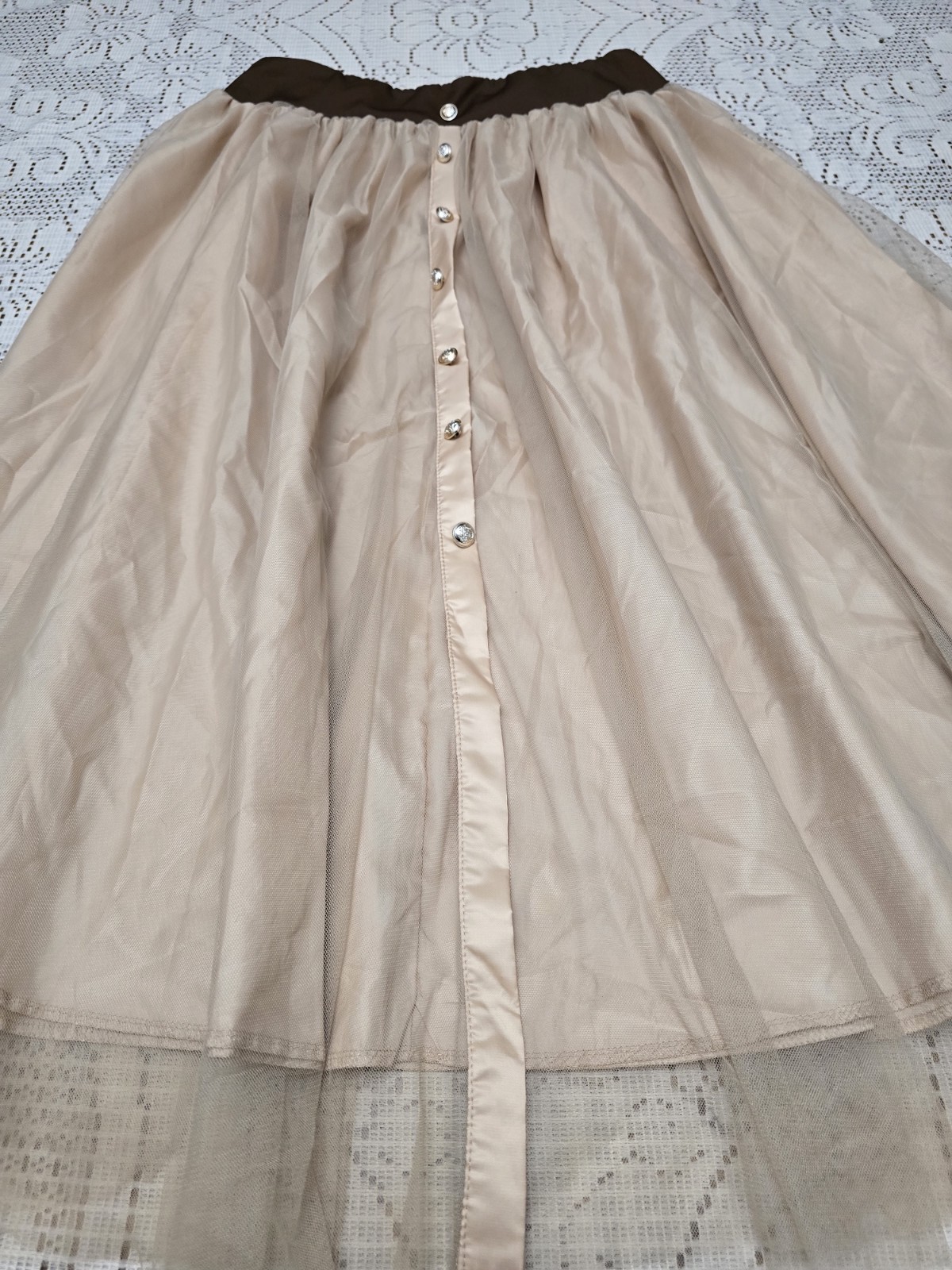 Beige Brown Tulle Midi A-Line Skirt Button Accents Layered High Rise