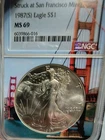 1987-S NGC MS69 Silver Eagle San Francisco Golden Gate Bridge Label. Very Rare !