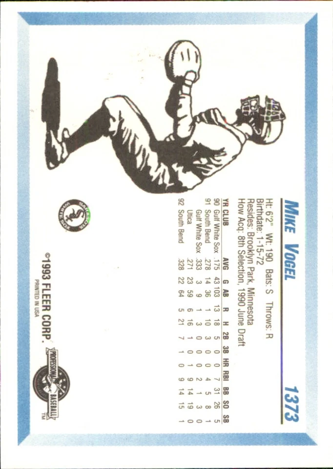 Mike Vogel 1993 Fleer ProCards #1373b Player variation RC Sarasota White Sox ** - Image 2 of 2