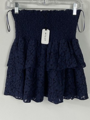 $325 Milly Women's Blue Lace Ruffled Smocked A-Line Mini Skirt Size 2