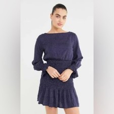 Urban Outfitters UO Leandra Dot Smocked Bell Long Sleeve Mini Dress Size S