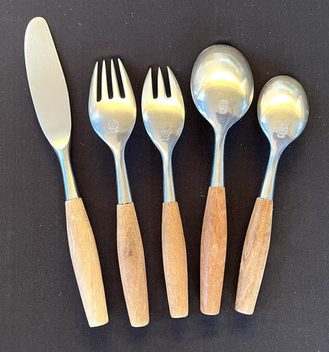 30 Pcs DANSK MCM Fjord Wood Handle Stainless 4 Ducks Logo Germany Flatware Lot - Picture 10 of 13