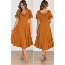 REDYAZEL Rust Orange Ruffle Midi Dress Puff Sleeve Fit & Flare size small