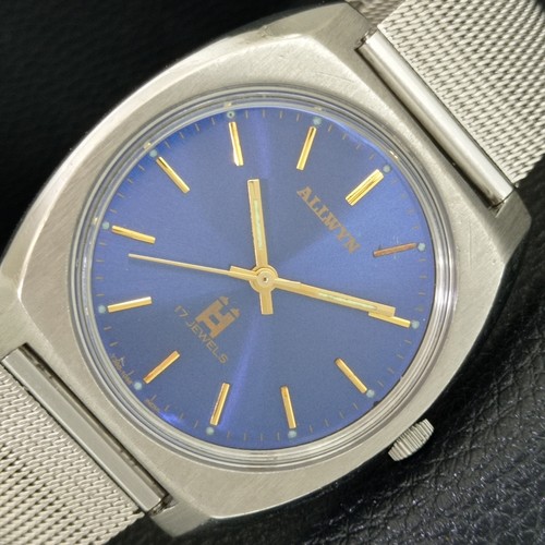HAND-WINDING VINTAGE ALLWYN 6300A INDIA MENS BLUE COLOR DIAL WATCH a706040-1