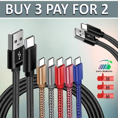 USB-C Charger Cable Type-C HeavyDuty Charging Data Sync Phone Long Lead 1m 2m