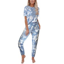 Womens Tie Dye Printed Long Sleeve Tops  Pants Pajamas Set Nightwear Loungewear
