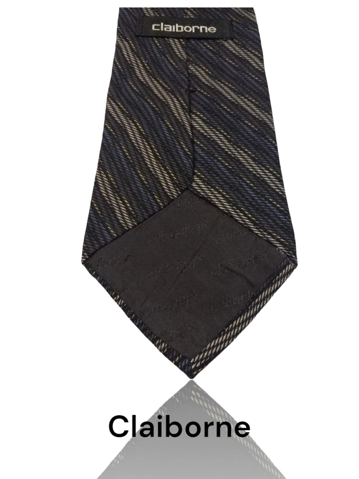 Corbata de seda Claiborne, 57" X 4", rayas negras/grises/azules. OB-4 Foto 4 de 4