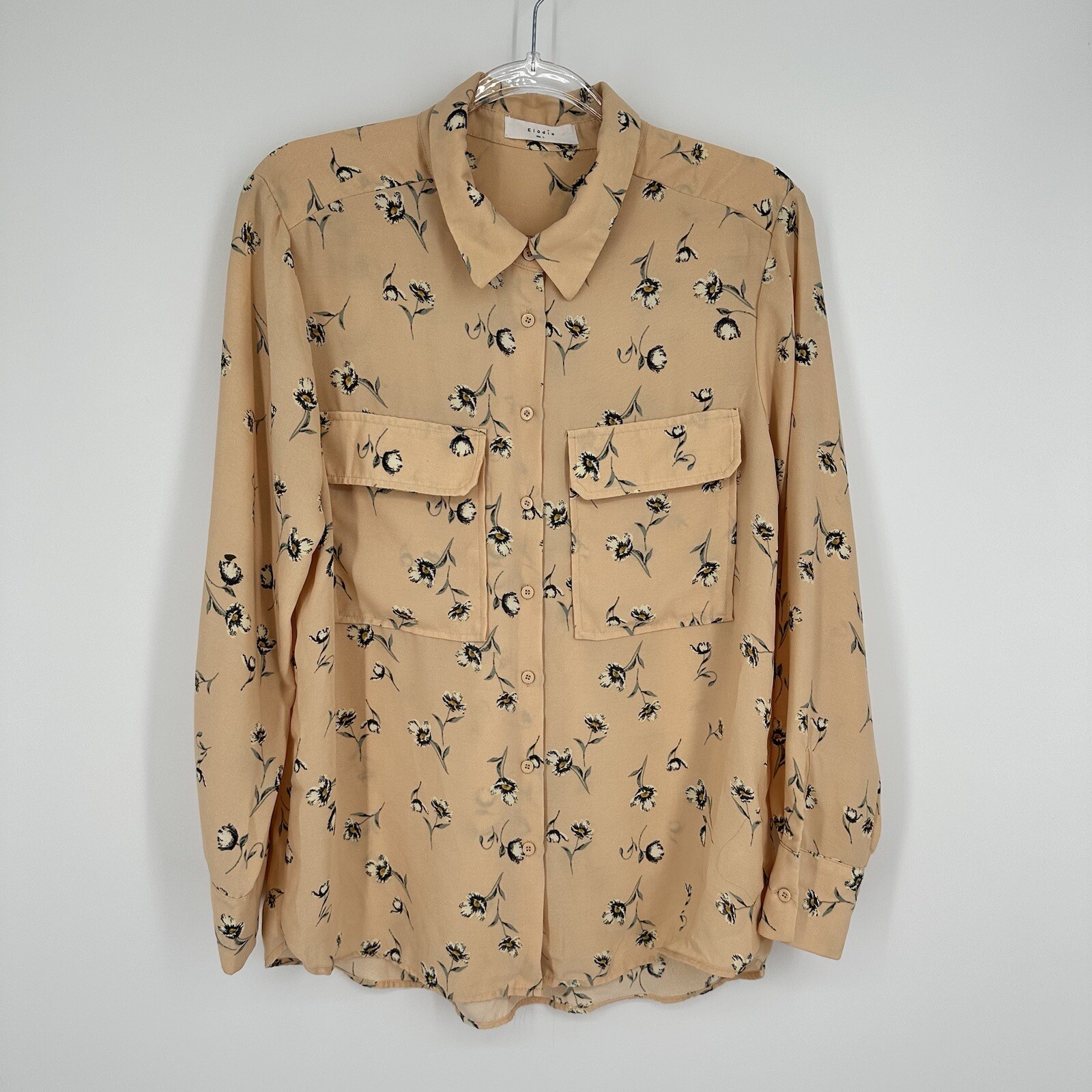 Elodie Floral Print Button Up Shirt Long Sleeve  Pockets Peach Pink Size L