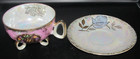 Vintage ROYAL HALSEY 3 Footed Tea Cup & Saucer Fruit Purple Roses Iridescent — photo 2