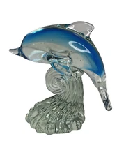 Unmarked Vintage Blown Art Glass Blue Dolphin Figurine Wave Jump 5” Murano Style