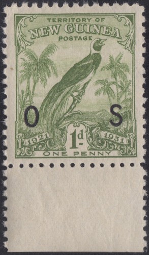 New Guinea 1931 1d green dated Bird of Paradise “OS" marginal single, mnh