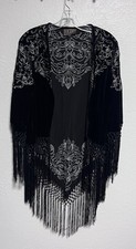 Black Velvet Fringe Kimono Jacket Silver Embroidered Boho Western Gothic Sm